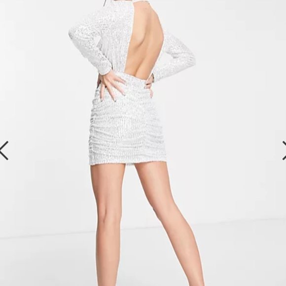 Asos exclusive sequin high neck drape detail mini dress in silver - Picture 4 of 8